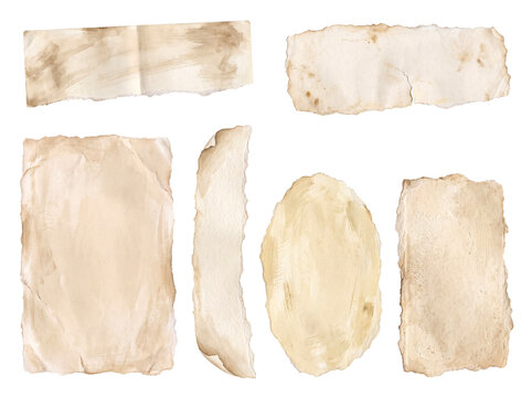 Torn aged crumpled paper pieces with subtle watercolor stains