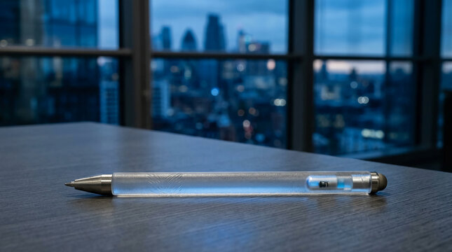 Futuristic Glowing Pen Resting on a Dark Wooden Desk in a Modern Corporate Office with a Blurry Night Cityscape View, Innovative High-Tech Writing Tool with Blue Neon Interior Lighting
