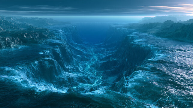 high overhead underwater perspective revealing a gigantic submarine canyon cutting through the continental slope, branching channels disappearing into deep blue darkness.