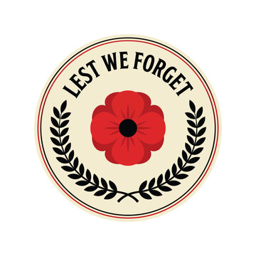 Lest we forget memorial badge with a red poppy flower white background remembrance