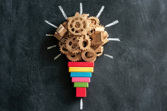 A creative lightbulb illustration on a chalkboard, constructed from wooden gears and colorful blocks, symbolizing innovation and ideas.