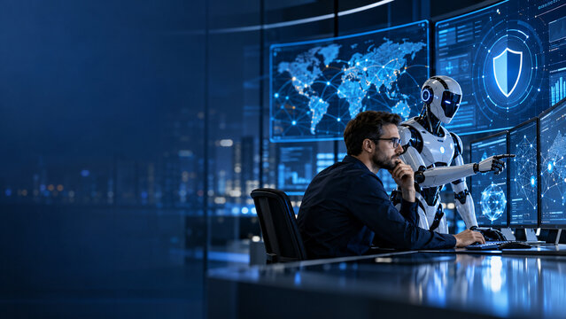 A cybersecurity analyst works alongside a humanoid AI robot in a high tech security operations center, monitoring digital networks and data protection systems.