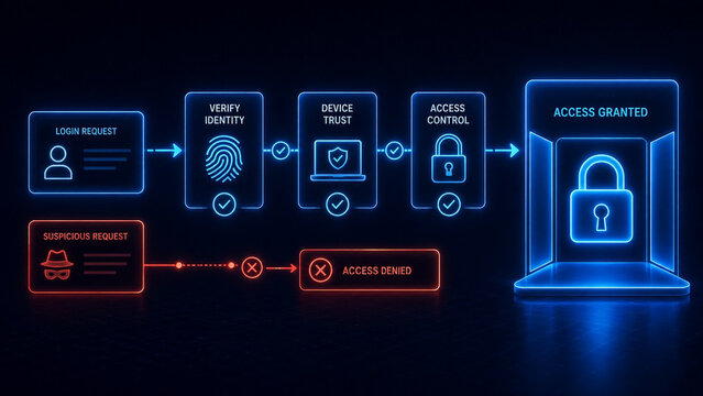 Identity verification and zero trust architecture concept with glowing digital flowchart showing access granted versus denied suspicious login