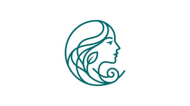 Elegant Woman Profile Line Art with Leaves and Swirls - Isolated