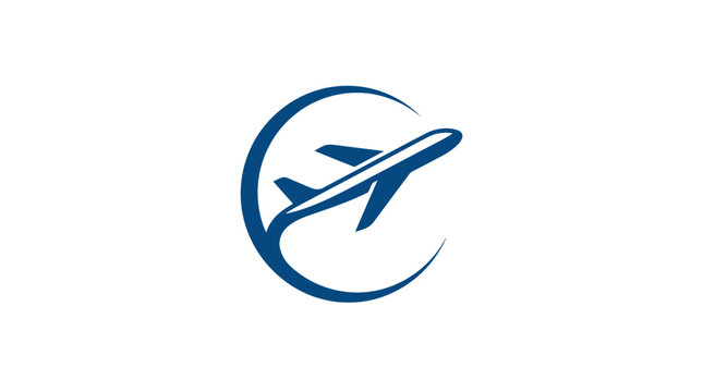 Airplane abstract travel logo, modern flight symbol, blue isolated on transparent background