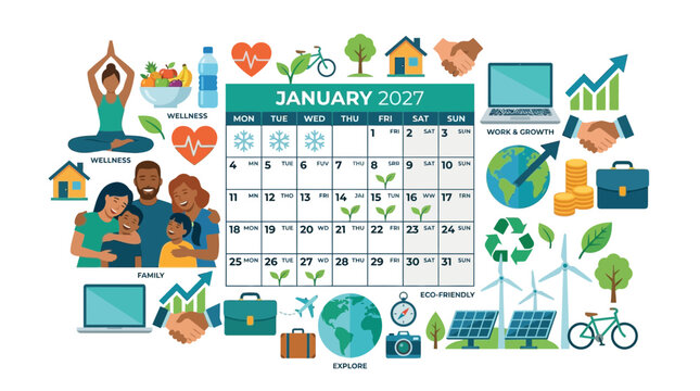 January 2027 Calendar with Eco-Friendly and Family Lifestyle Icons