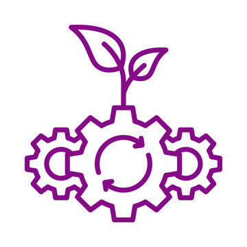 Purple line icon of a growing plant coming out of interconnected mechanical gear wheels representing sustainable industrial development transparent background