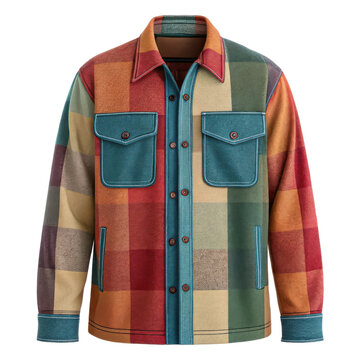 Vibrant patchwork flannel shirt jacket with blue denim pockets and cuffs transparent background