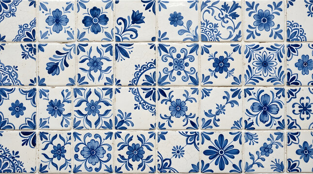 Seamless pattern of hand-painted blue and white ceramic tiles with floral motifs and subtle glaze variation, flat lay, artisan cultural craft, warm organic texture, heritage-inspired design
