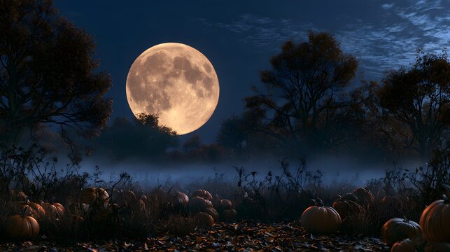 Full moon rising over a misty pumpkin patch at night with autumn trees and fallen leaves in a dark forest setting