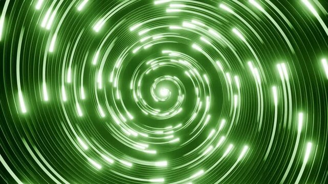 Vibrant glowing green and white optical fiber threads transmitting neon data streams in a smooth continuous loop