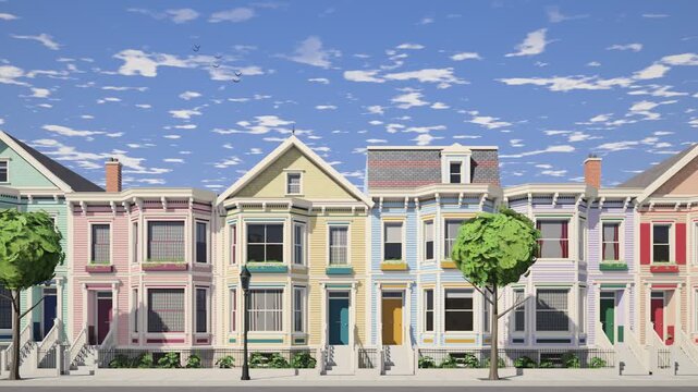 Pastel Victorian Row Houses Street Tracking Shot Seamless Loop