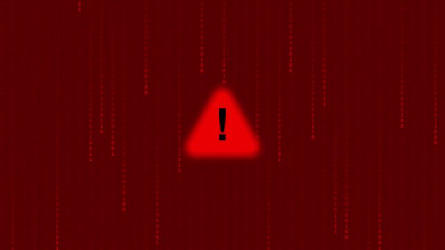 Red warning sign with binary code and exclamation mark representing cybersecurity threat or hack