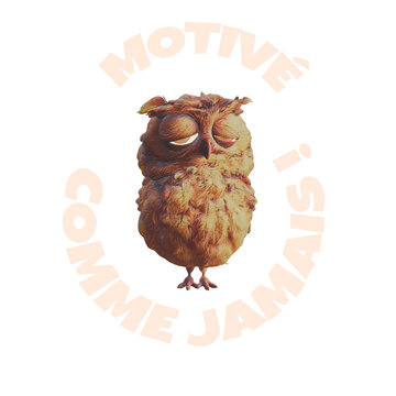Hibou fatigu&eacute; humour "Motiv&eacute; comme jamais" PNG fond transparent	