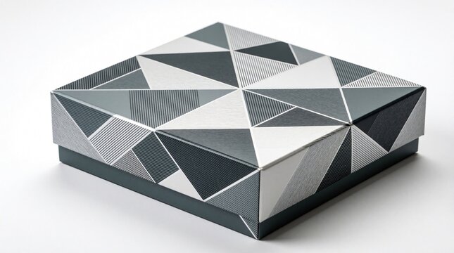 Modern square gift box with gray, white geometric triangle pattern. Minimalist cardboard packaging features sharp lines, stylish design. Elegant rectangular container for luxury products decor. Sleek
