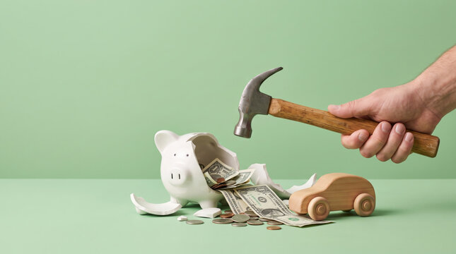 Broken piggy bank with coins and cash beside wooden toy car and hammer. Finance bankruptcy debt crisis. investment budget risk loss, saving piggybank money wealth, poverty