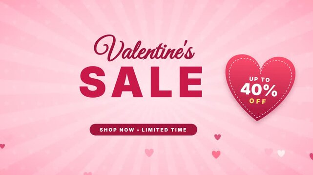 Red gift box shakes and bursts open with flying hearts, revealing a Valentine&rsquo;s Sale headline, a heart shaped up to 40% off badge and a shop now limited time banner on pink.