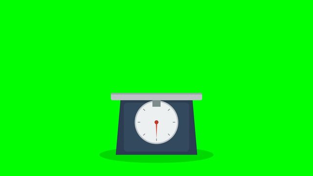 Time lapse of a kitchen scale with a white dial and red needle moving from zero to one over a bright green background in a continuous motion sequence