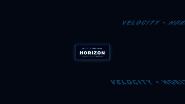 Futuristic horizon aerospace architecture logo glowing brightly in dark space with scrolling text banner background
