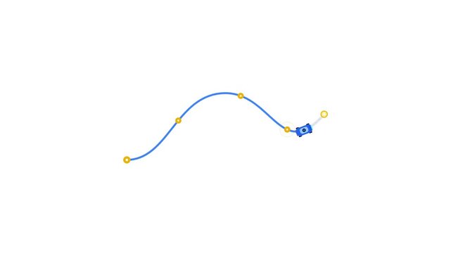 Minimalist animation featuring a blue icon traveling through yellow checkpoints on a curved path over a solid white background. Perfect for logistics or project management presentations.