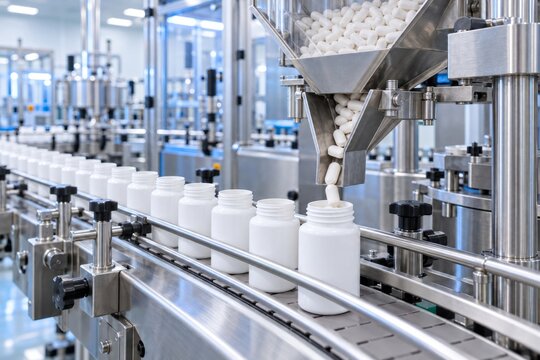 automated supplement bottling line inside a clean manufacturing facility