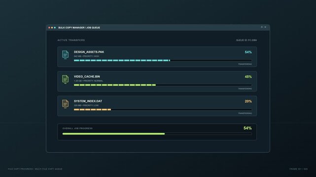 Data Transfer Dashboard Showing Multi File Copy Queue Progress with Percentage Completion Status