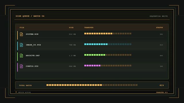 Data Transfer Progress Interface Displaying Sequential File Write Operations in Digital Queue