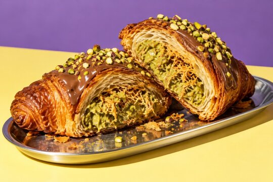 pistachio croissant with crispy pastry filling on purple background