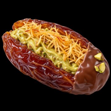 stuffed date with pistachio pastry and chocolate coating
