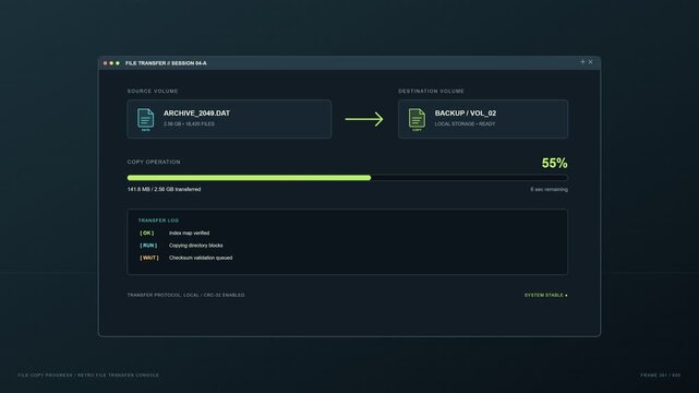 Data Transfer Progress Screen with Retro Digital Interface and Animated File Copy Operation