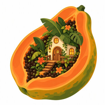 Surreal Papaya Fruit with a Tiny House Inside