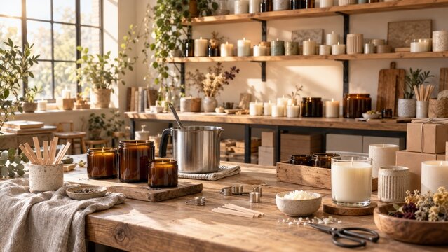 sunlit candle workshop with wooden tables and stocked shelves