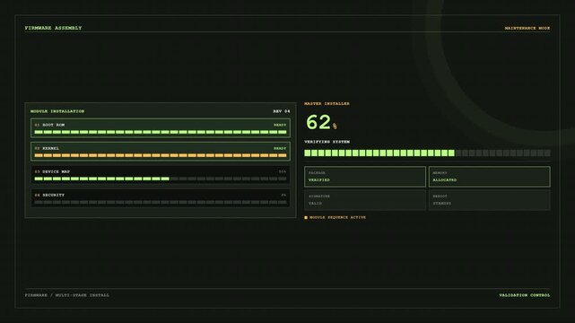 Firmware Installation Progress Interface on a Dark Digital Computer System Maintenance Screen