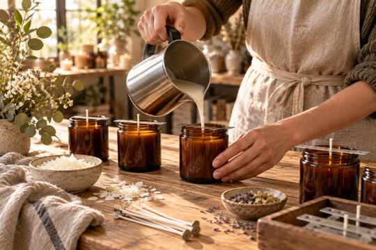 artisan pouring melted wax into an amber candle jar