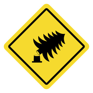 Yellow Diamond Warning Sign with Black Christmas Tree Symbol.