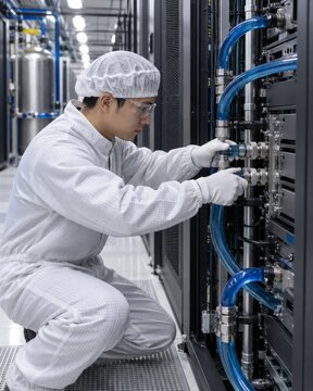 technician inspecting liquid cooling equipment in a data center