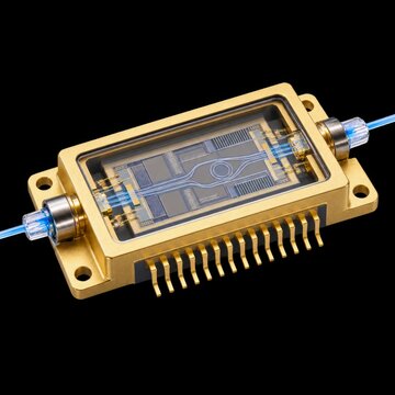 gold packaged photonic chip with transparent cover and pins