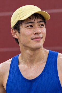 male athlete wearing a yellow cap and blue sportswear
