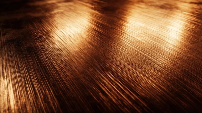 Close up view of brushed bronze metal surface with warm light. Industrial material shows textured grain, shiny ridges. Golden metallic background features parallel lines, macro detail for luxury