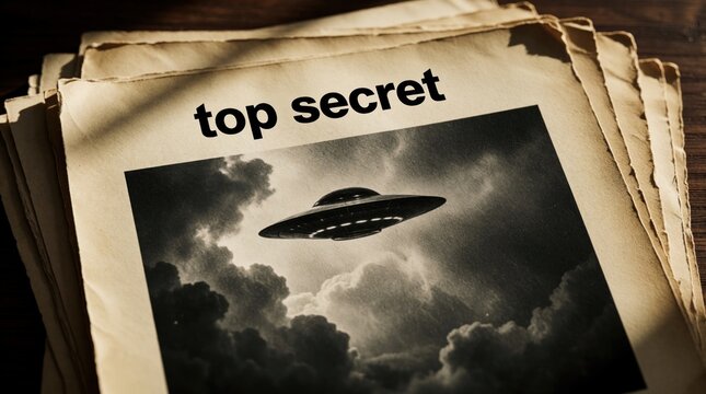 Top secret dossier contains mysterious UFO photo on old paper. Classified government documents show unidentified flying object in cloudy sky. Conspiracy theory evidence, paranormal investigation