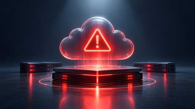 Cloud computing security alert concept with glowing red warning triangle inside transparent cloud over server hardware