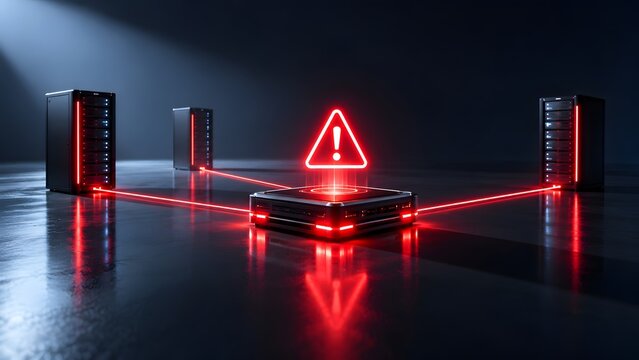 Data center with glowing red warning triangle sign projecting from hardware device, cyber security alert concept with laser lines
