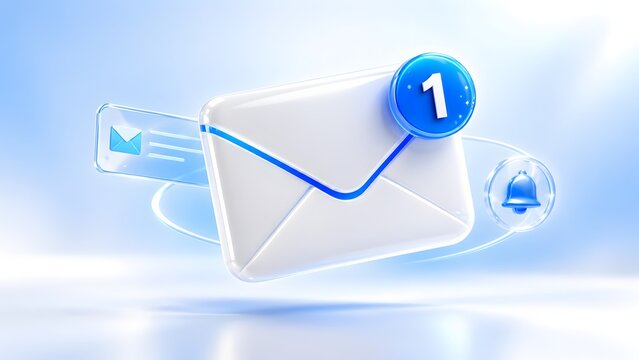 3D render of unread email notification concept with envelope and blue badge indicating one new incoming message.