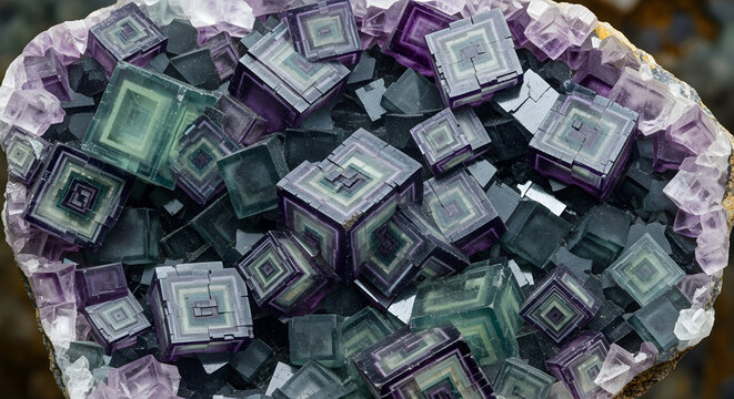 Abstract Close Up View of Delectable Amethyst Crystal Formation with Geometric Cube Shapes in Rich Purple and Green Hues Surrounded by Natural Rock Texture