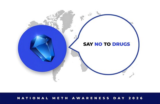 Blue crystal concept representing national meth awareness day against drug abuse with warning sign methamphetamine substance addiction campaign education prevention graphics