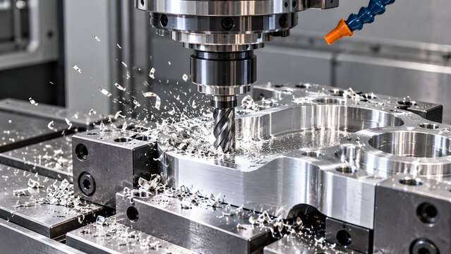 CNC Milling Machine Cutting Aluminum Part with Flying Metal Chips