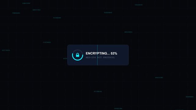 Digital data transfer process with progress bars showing encryption stages in a high-tech futuristic environment for cybersecurity and data protection