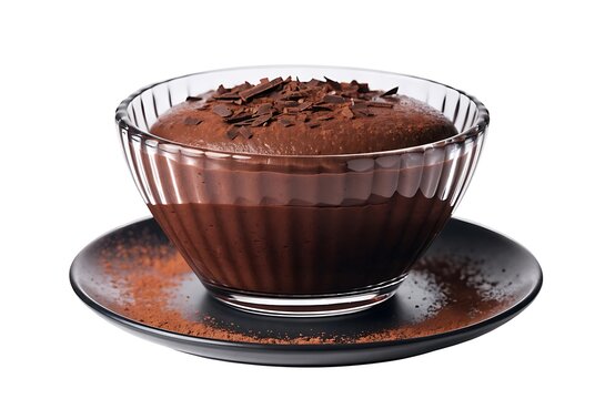Dark chocolate mousse in a glass bowl on a black plate sprinkled with cocoa powder delicious homemade confectionery indulgence culinary restaurant photography isolated background