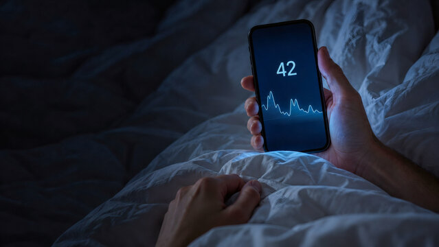 睡眠アプリに表示された睡眠スコア42を夜のベッドで確認する手元