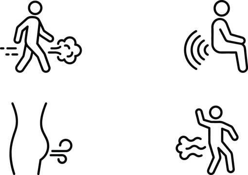 Human flatulence farting icon set with gas clouds and sound waves line art style doodle vector clip art